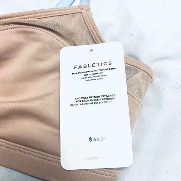 Fabletics Makayla Bra Low Impact Cinch Front Tan With Blue Straps Size L NWT - Picture 8 of 15